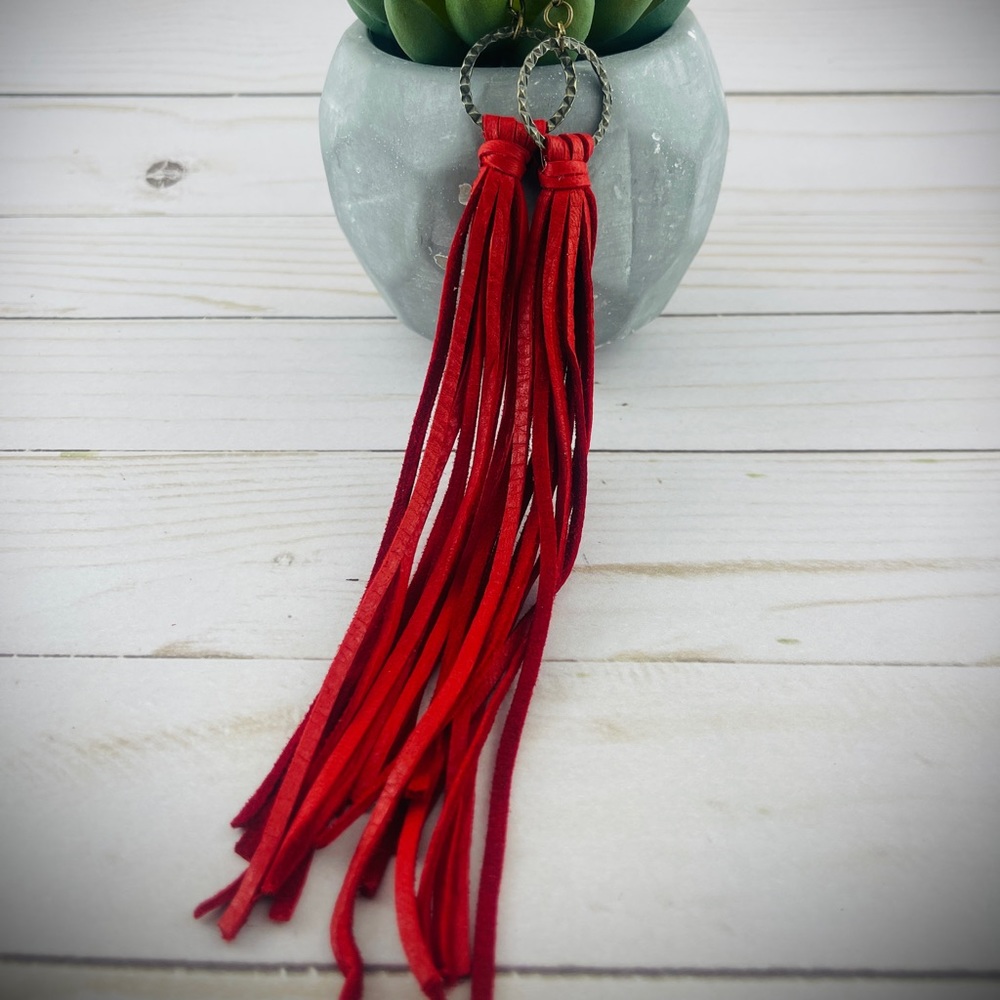 Extra long red leather fringe earrings